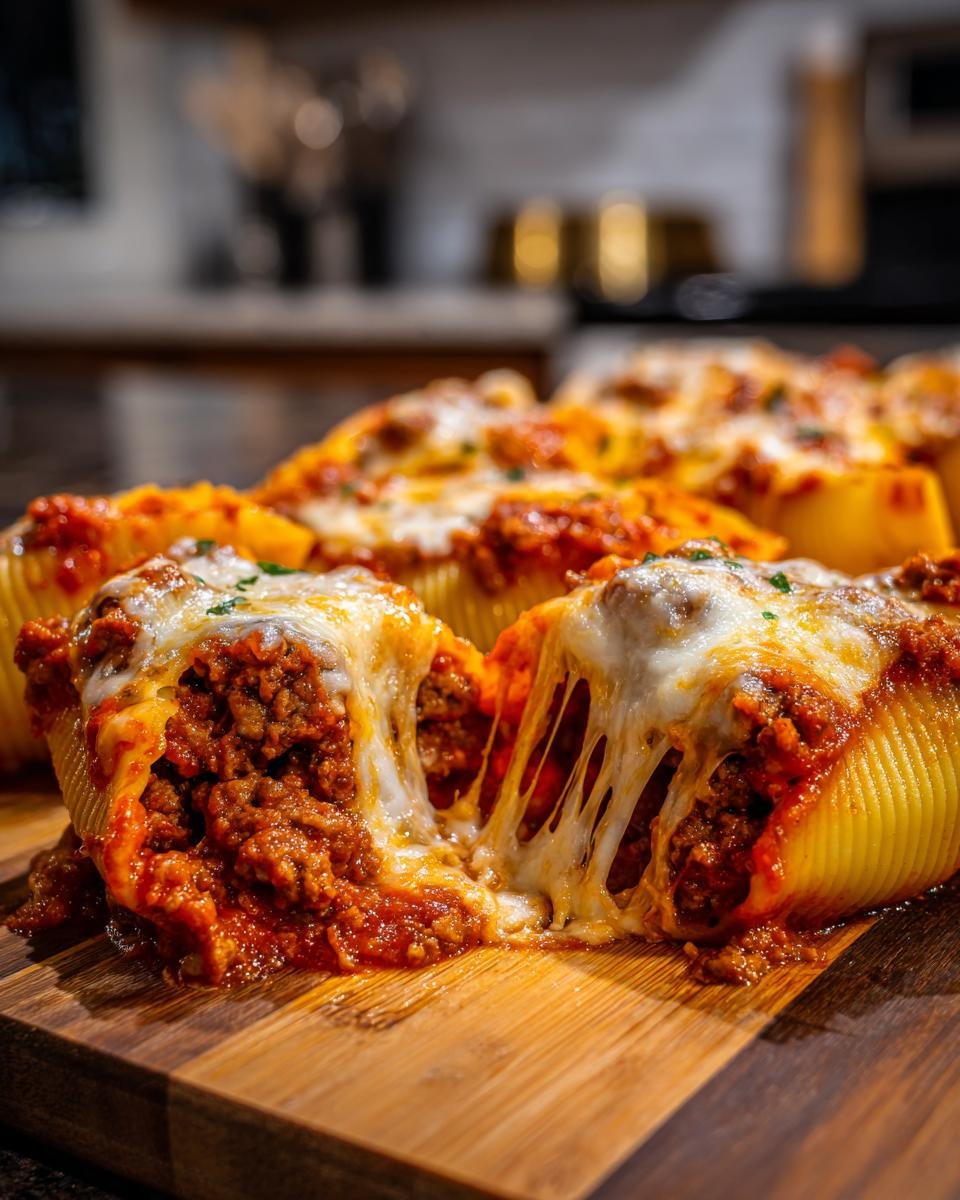 Nahaufnahme von Cheesy Taco Stuffed Shells mit viel geschmolzenem K&auml;se, der F&uuml;llung herauszieht.