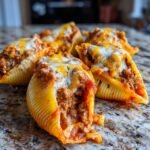 Nahaufnahme von &uuml;berbackenen Cheesy Taco Stuffed Shells mit geschmolzenem K&auml;se und w&uuml;rziger Hackfleischf&uuml;llung.