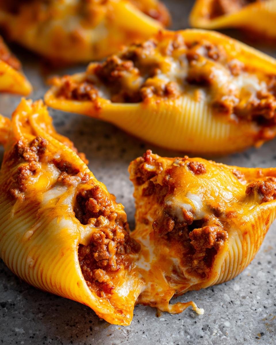 Nahaufnahme von &uuml;berbackenen Cheesy Taco Stuffed Shells mit geschmolzenem K&auml;se und w&uuml;rziger Hackfleischf&uuml;llung.