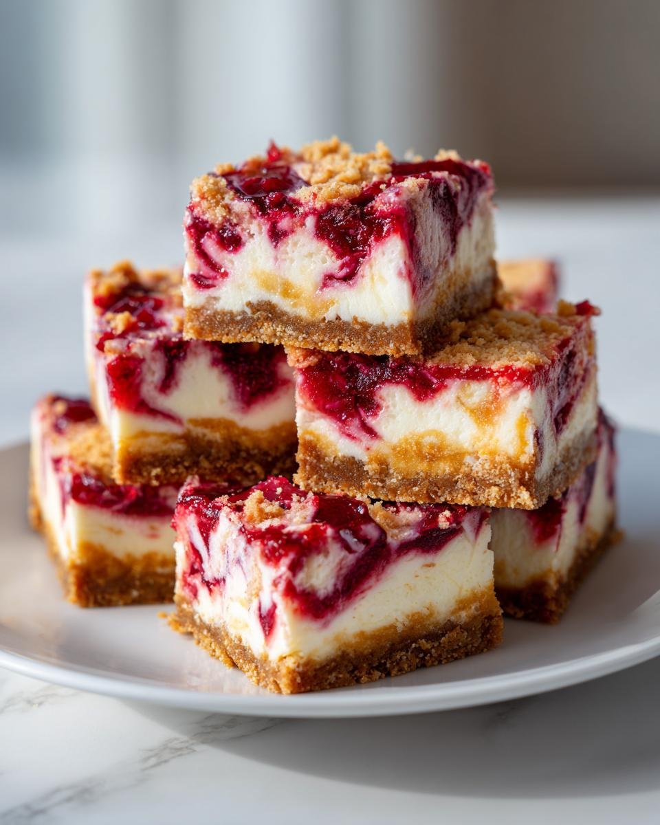 Stapel von saftigen Cherry Cheesecake Bars mit Kirschwirbeln und knusprigem Boden.