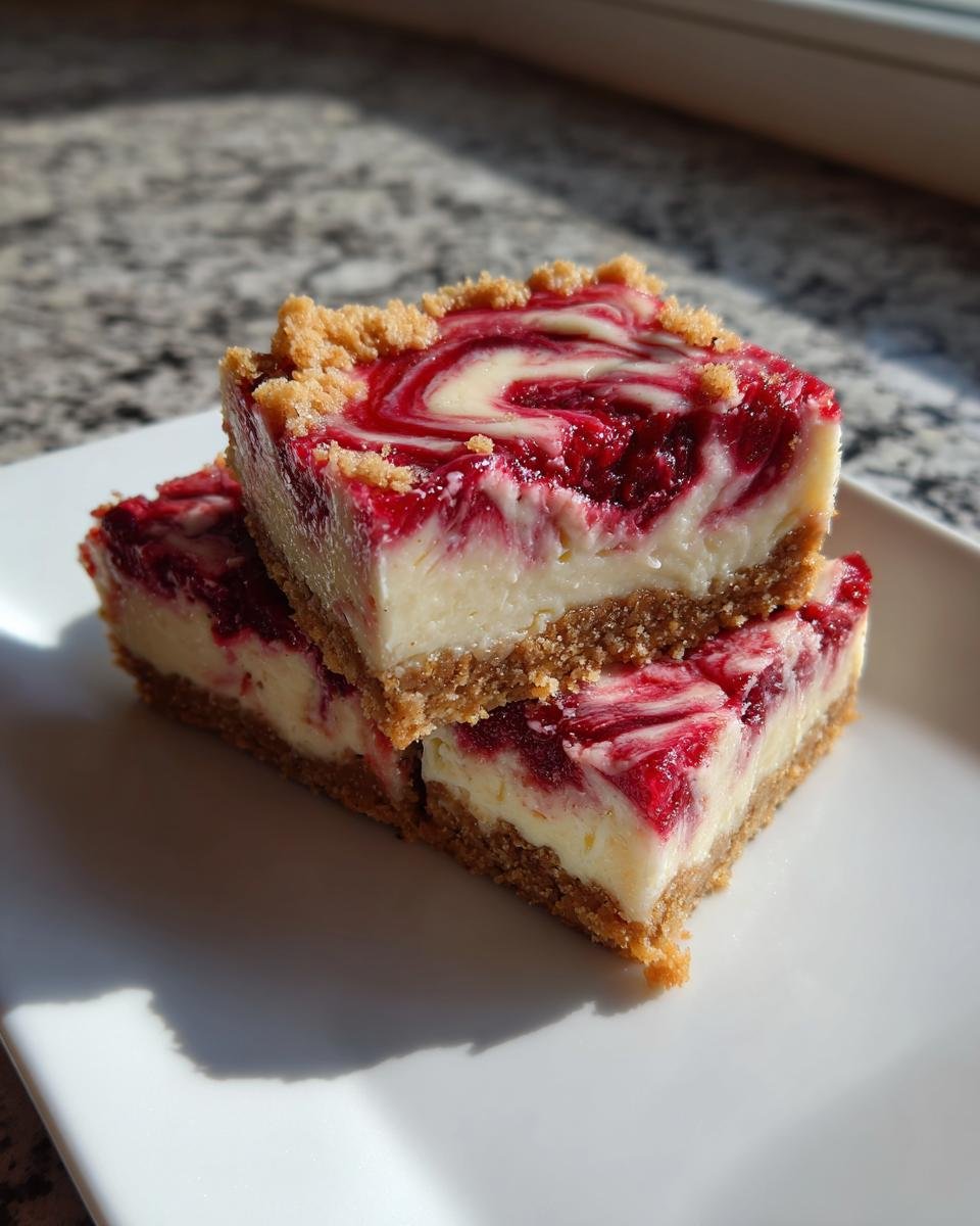 Zwei gestapelte Cherry Cheesecake Bars mit cremigem Käsekuchen, Kirschwirbel und knusprigem Boden.