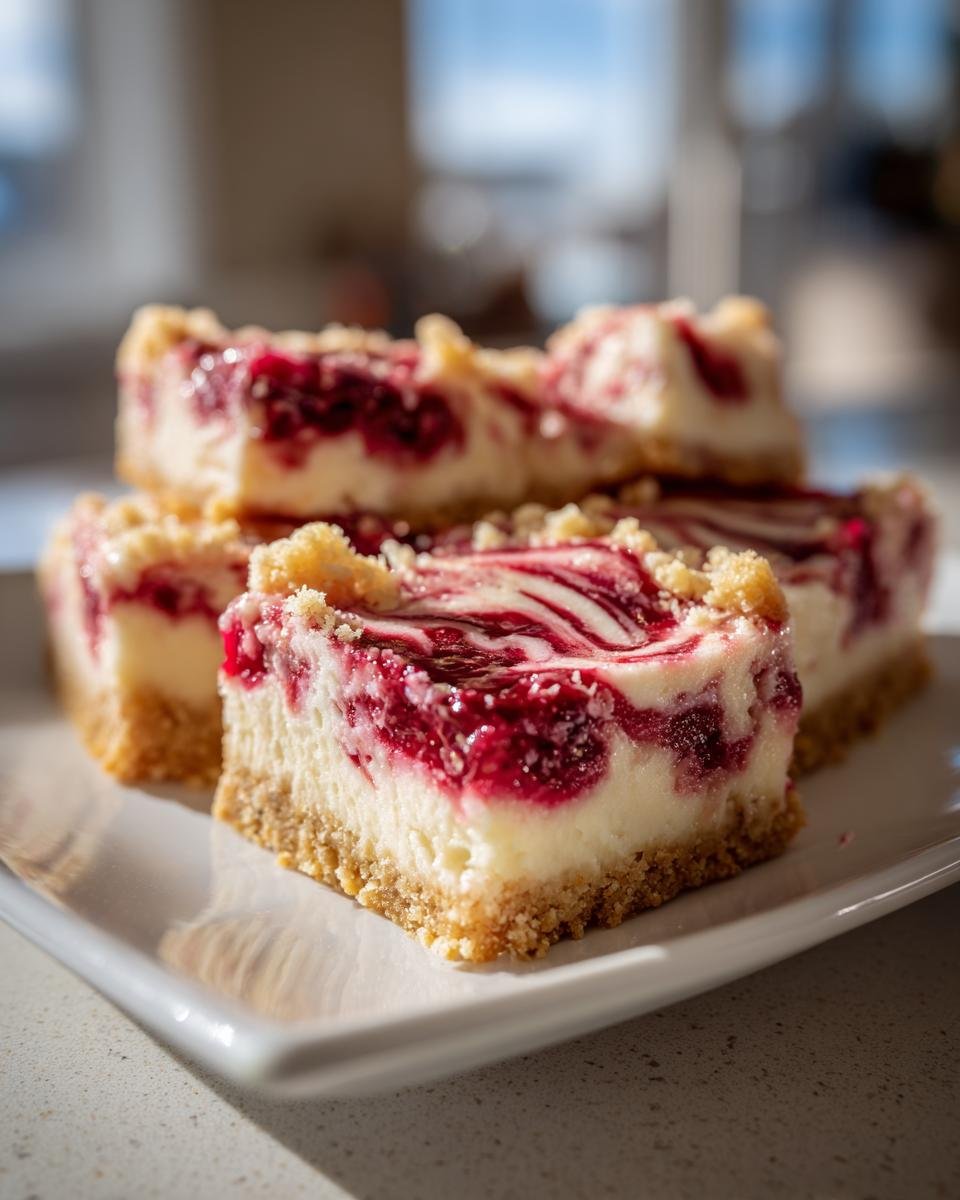 Vier Stücke Cherry Cheesecake Bars mit Kirschwirbeln und Streuseln auf einem weißen Teller.