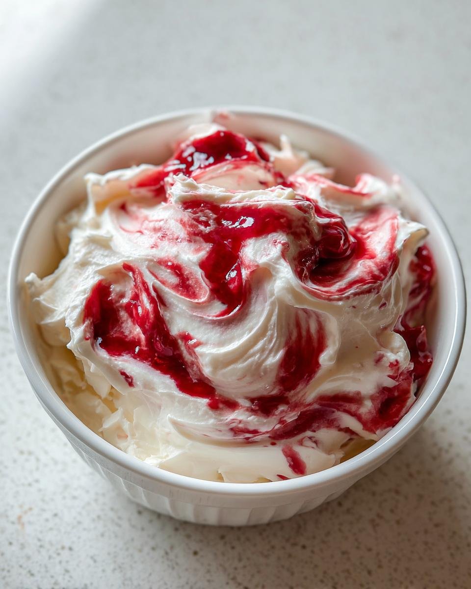 Cremiger Cherry Cheesecake Dip mit rotem Kirschtopping in einer wei&szlig;en Schale.