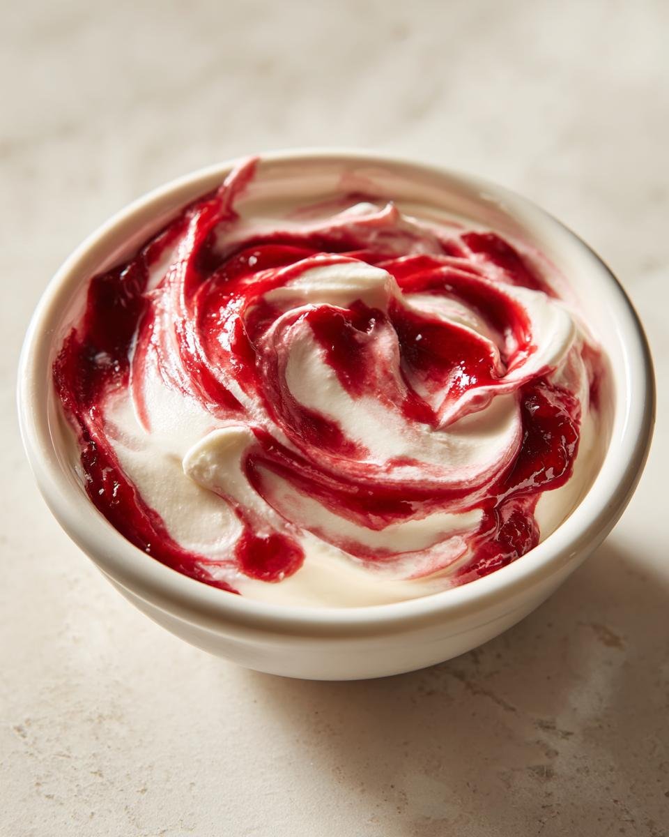 Cremiger Cherry Cheesecake Dip mit roten Kirschwirbeln in einer kleinen wei&szlig;en Schale.