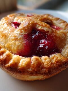 Nahaufnahme einer goldbraunen, gebackenen Cherry Hand Pie mit sichtbarer, gl&auml;nzender Kirschf&uuml;llung.