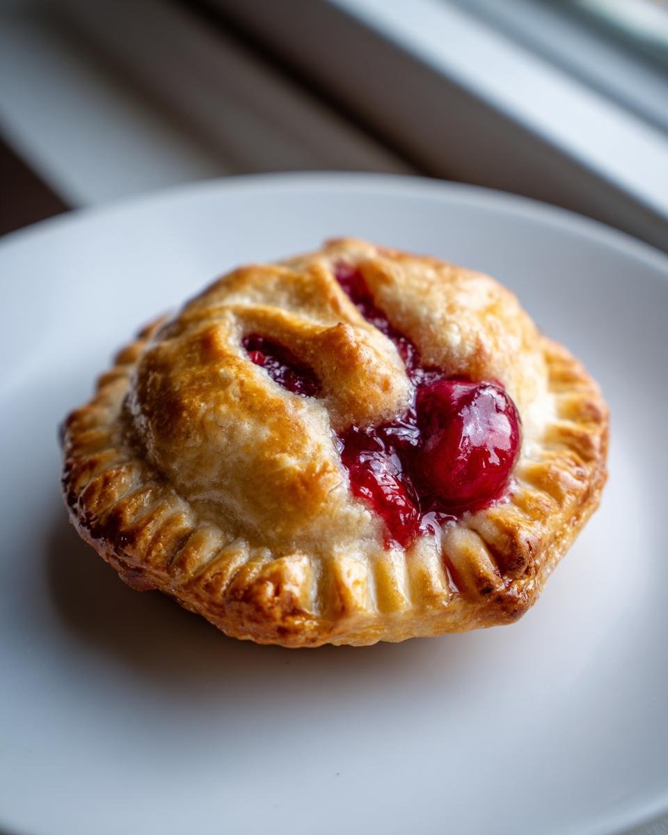 Nahaufnahme einer gebackenen Cherry Hand Pie mit goldbraunem Teig und sichtbarer Kirschf&uuml;llung.