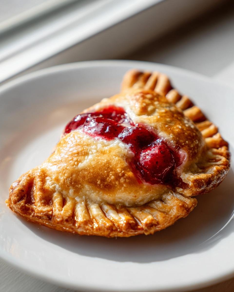 Nahaufnahme einer goldbraunen Cherry Hand Pie mit sichtbarer roter Kirschf&uuml;llung auf einem wei&szlig;en Teller.
