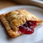 Nahaufnahme einer gebackenen Cherry Hand Pie mit goldbraunem Teig und auslaufender roter Kirschf&uuml;llung.