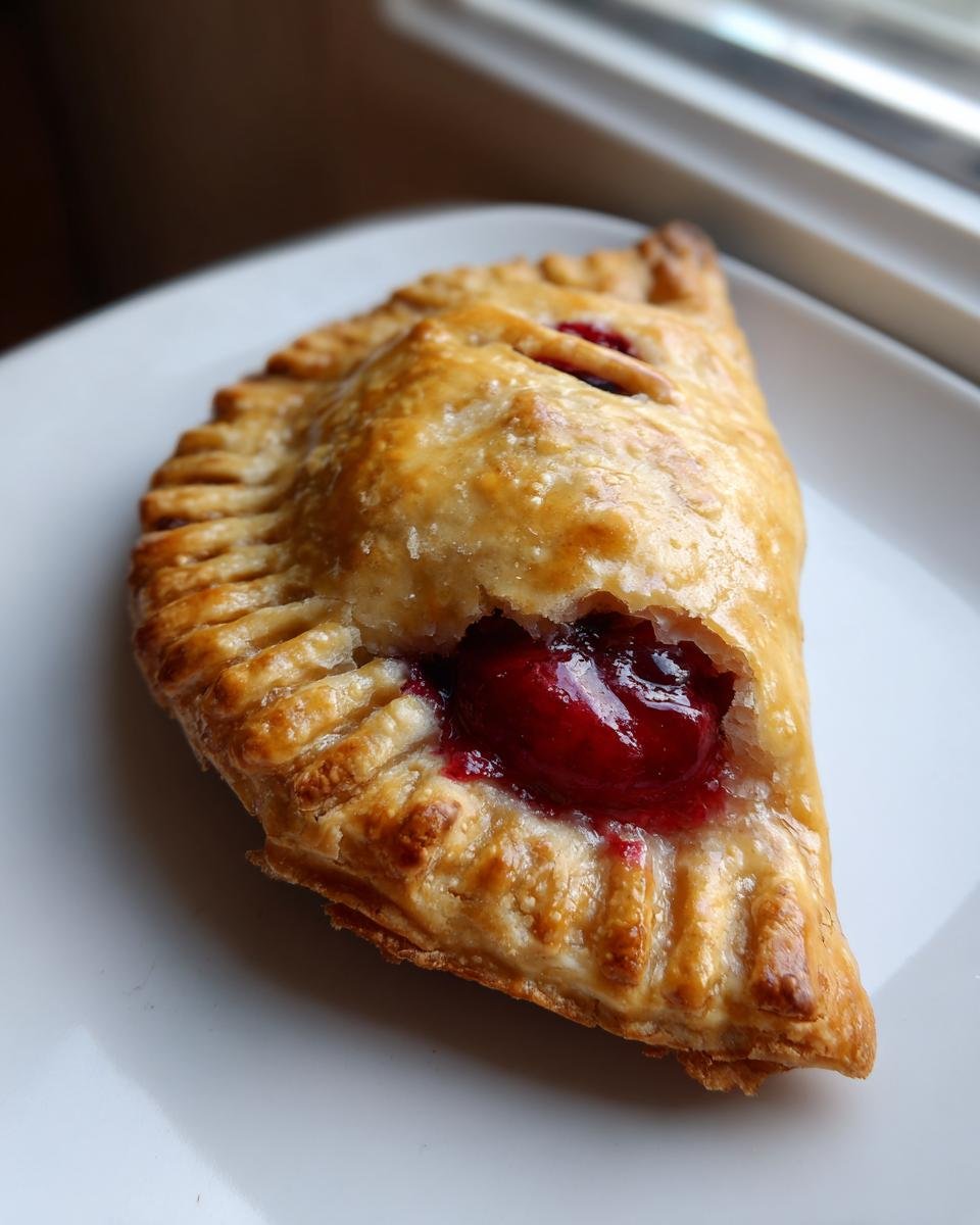 Nahaufnahme einer goldbraunen Cherry Hand Pie mit knusprigem Rand und leuchtend roter Kirschf&uuml;llung.