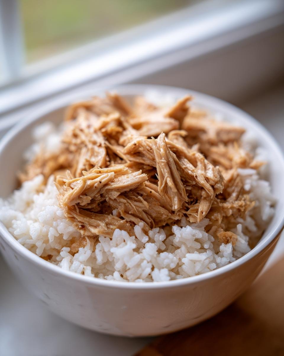 Nahaufnahme einer Sch&uuml;ssel mit wei&szlig;em Reis und zerkleinertem, gew&uuml;rztem H&auml;hnchen als Teil der Chicken Rice Bowls.