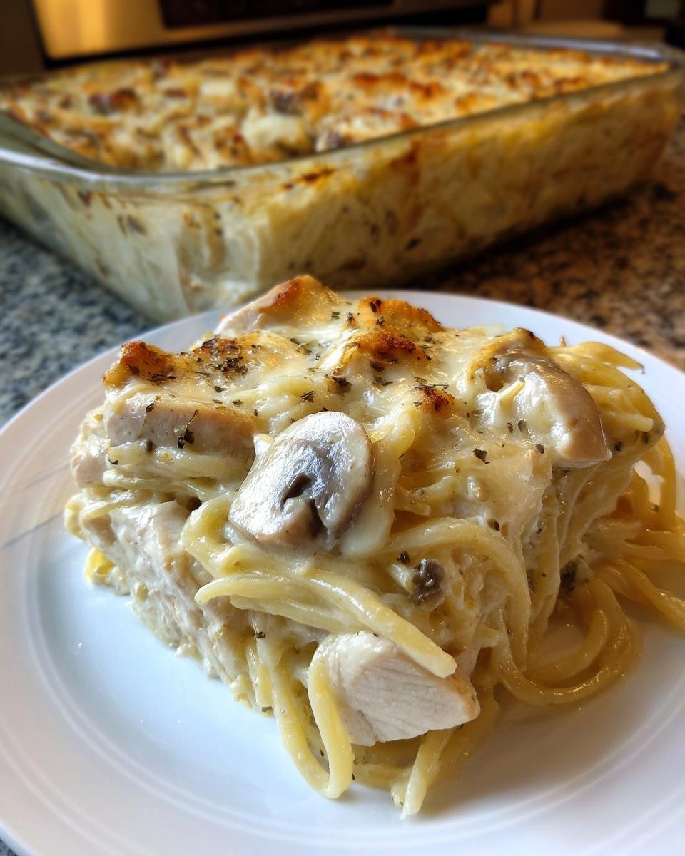 Ein cremiges St&uuml;ck Chicken Tetrazzini mit Nudeln, H&auml;hnchenst&uuml;cken und Pilzen auf einem wei&szlig;en Teller.