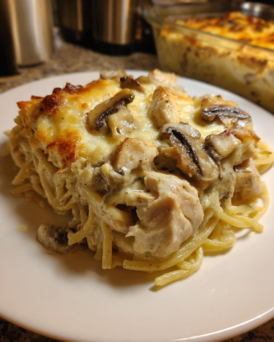 Eine Portion cremiges Chicken Tetrazzini mit H&auml;hnchenst&uuml;cken, Pilzen und &uuml;berbackenem K&auml;se auf einem wei&szlig;en Teller.
