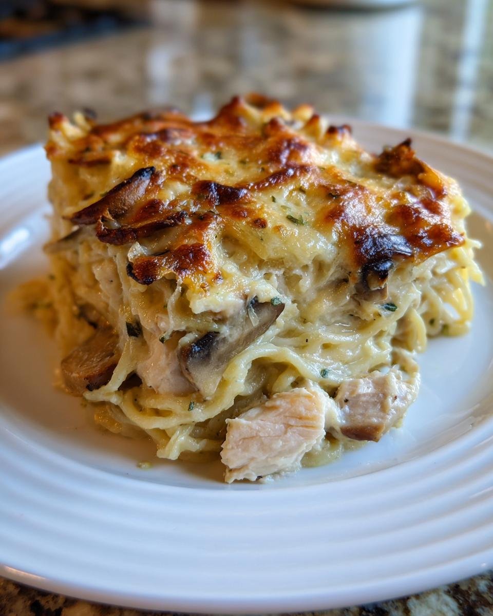 Ein cremiges St&uuml;ck Chicken Tetrazzini mit Pilzen und &uuml;berbackenem K&auml;se auf einem wei&szlig;en Teller.