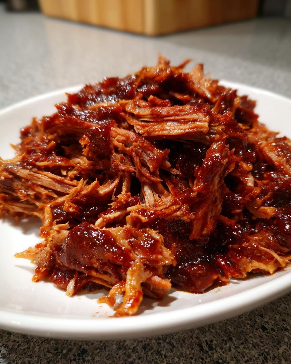 Nahaufnahme von saftigem, gezupftem Chipotle Barbacoa Fleisch in einer dunklen, glänzenden Sauce auf einem weißen Teller.