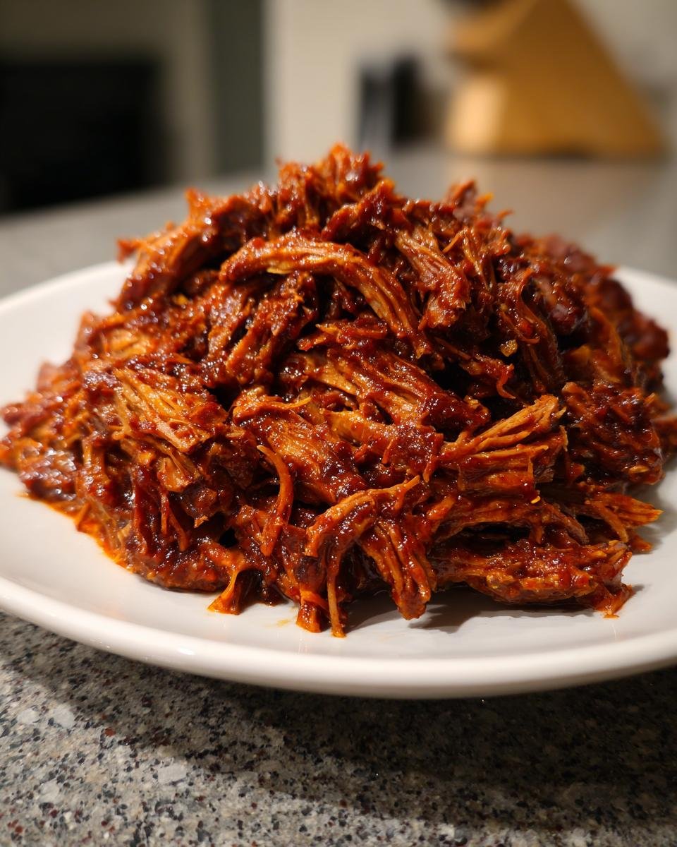 Nahaufnahme von saftigem, gezupftem Chipotle Barbacoa Fleisch, das auf einem weißen Teller angerichtet ist.