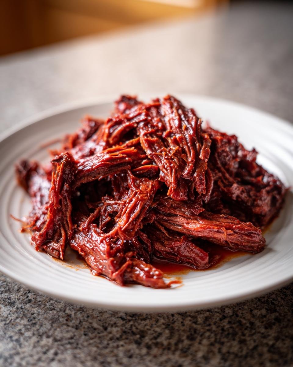 Nahaufnahme von zartem, zerfasertem Chipotle Barbacoa Fleisch, das auf einem weißen Teller angerichtet ist.