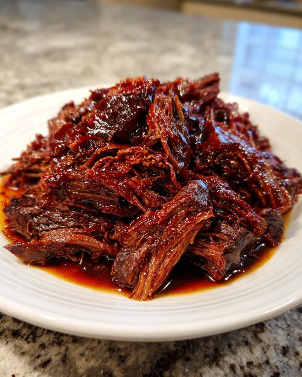 Nahaufnahme von saftigem, zerzupftem Chipotle Barbacoa Fleisch in dunkler Sauce auf einem weißen Teller.