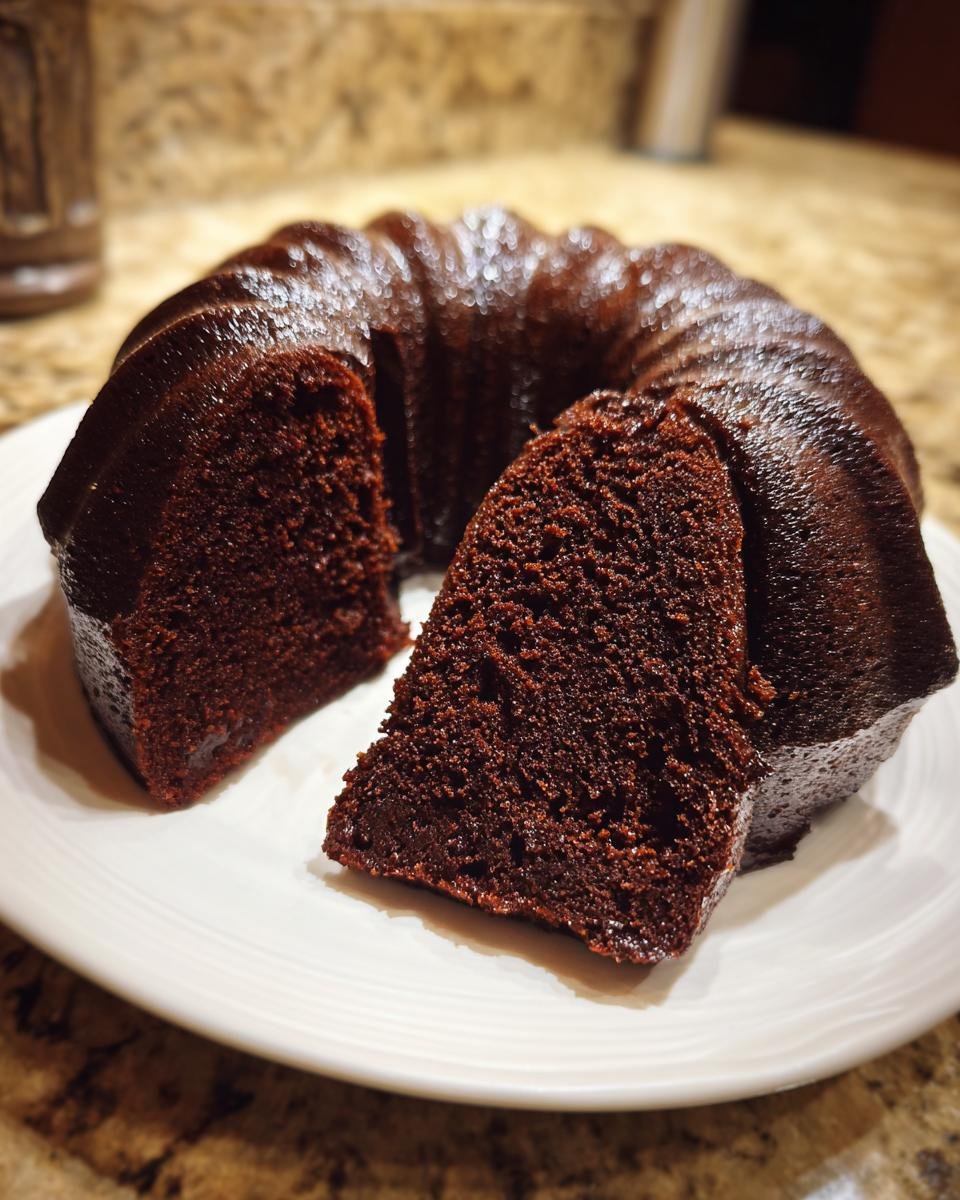 Ein angeschnittener, dunkelbrauner Chocolate Buttermilk Cake in Gugelhupfform auf einem wei&szlig;en Teller.