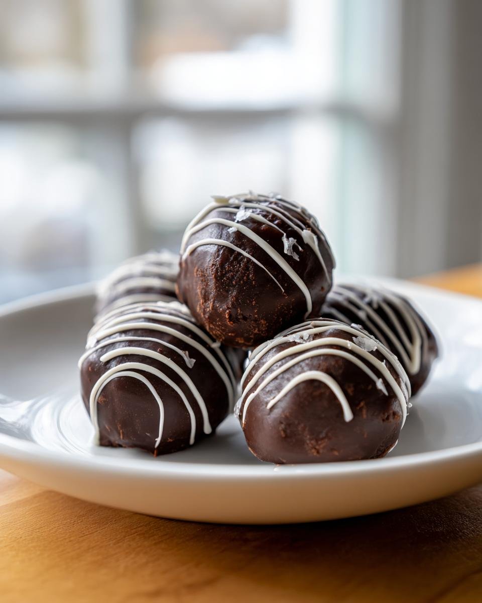 Nahaufnahme von dunklen Chocolate Cherry Cheesecake Truffles mit wei&szlig;er Glasur auf einem wei&szlig;en Teller.