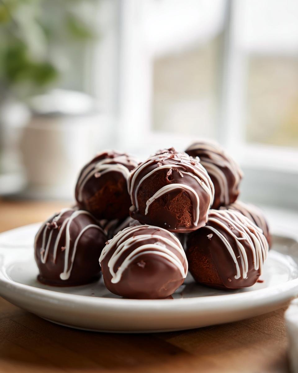 Stapel von dekadenten Chocolate Cherry Cheesecake Truffles, &uuml;berzogen mit dunkler Schokolade und wei&szlig;em Zuckerguss.