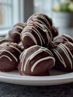 Ein Haufen Chocolate Cherry Cheesecake Truffles, überzogen mit dunkler Schokolade und weißer Glasur.