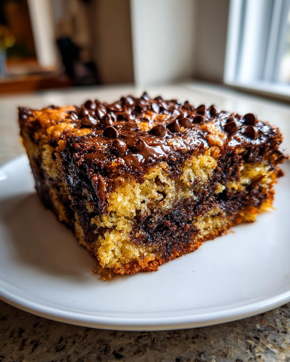 Nahaufnahme eines St&uuml;cks Chocolate Chip Sheet Cake mit marmoriertem Teig und geschmolzenen Schokost&uuml;ckchen obenauf.