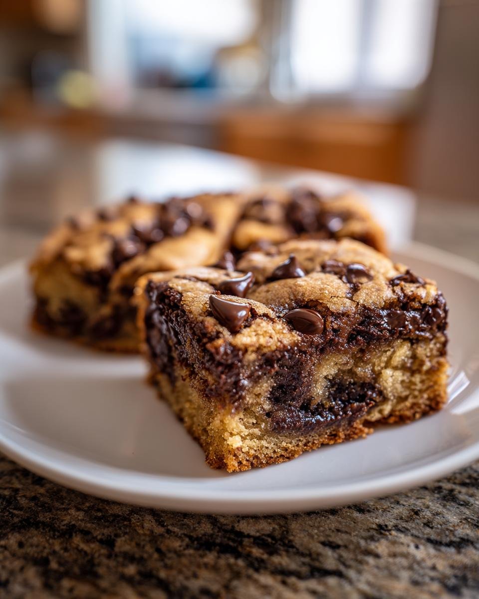 Nahaufnahme eines saftigen St&uuml;cks Chocolate Chip Sheet Cake mit vielen Schokoladenst&uuml;cken auf einem wei&szlig;en Teller.