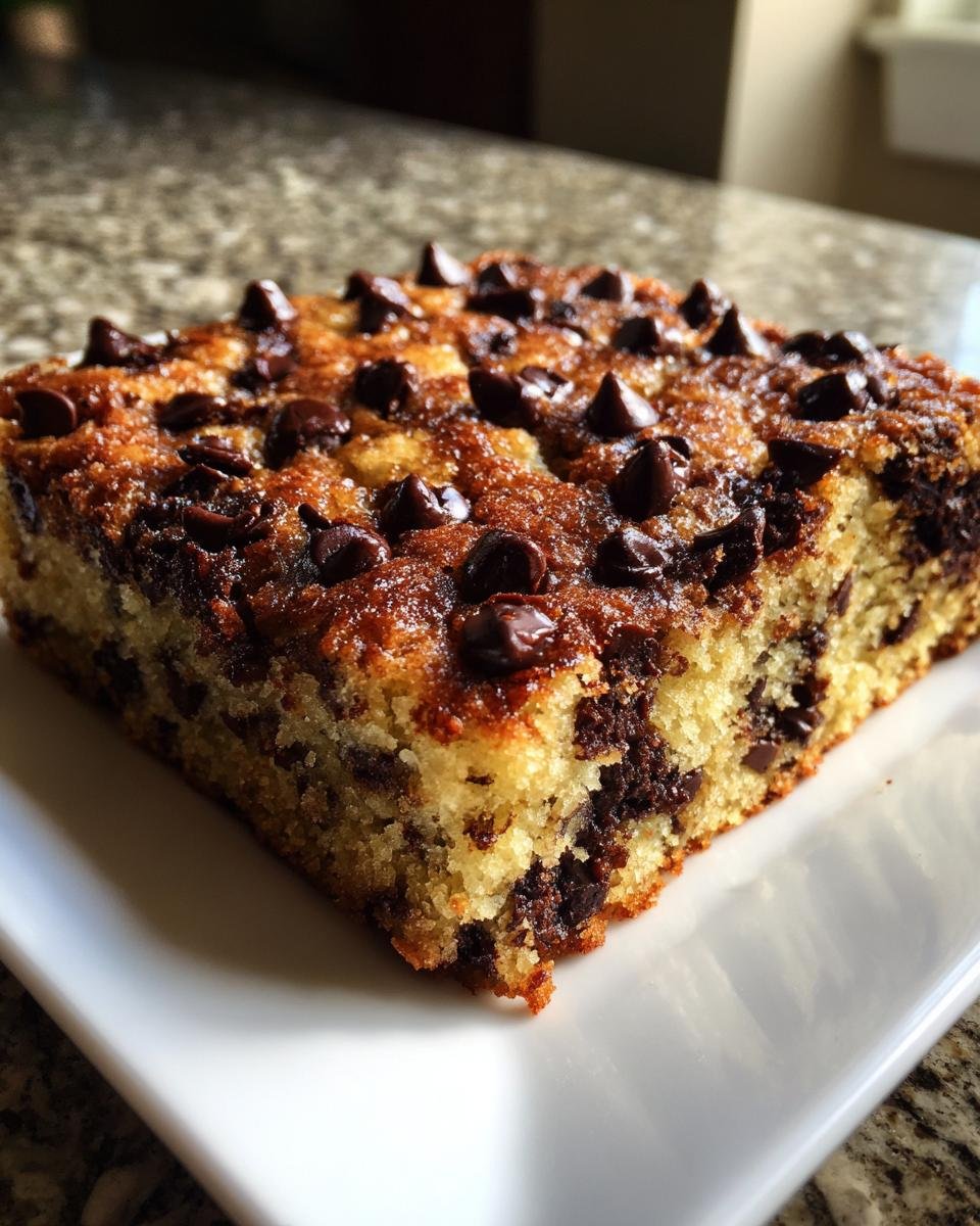 Nahaufnahme eines St&uuml;cks Chocolate Chip Sheet Cake mit geschmolzenen Schokost&uuml;ckchen auf einer wei&szlig;en Platte.