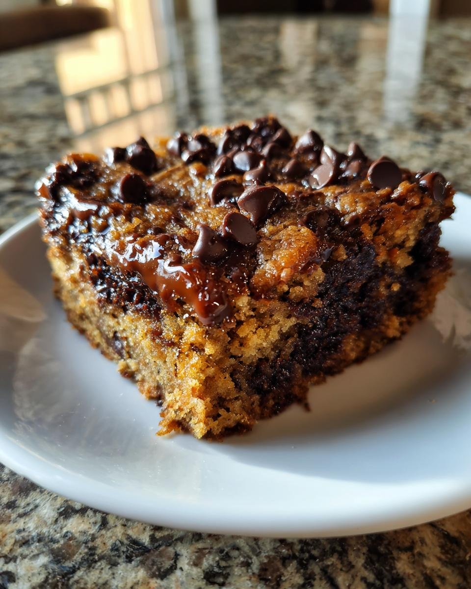 Nahaufnahme eines saftigen St&uuml;cks Chocolate Chip Sheet Cake mit geschmolzenen Schokost&uuml;ckchen und Karamell auf einem wei&szlig;en Teller.