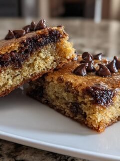 Zwei St&uuml;cke Chocolate Chip Sheet Cake auf einem wei&szlig;en Teller, bedeckt mit geschmolzenen Schokotropfen.