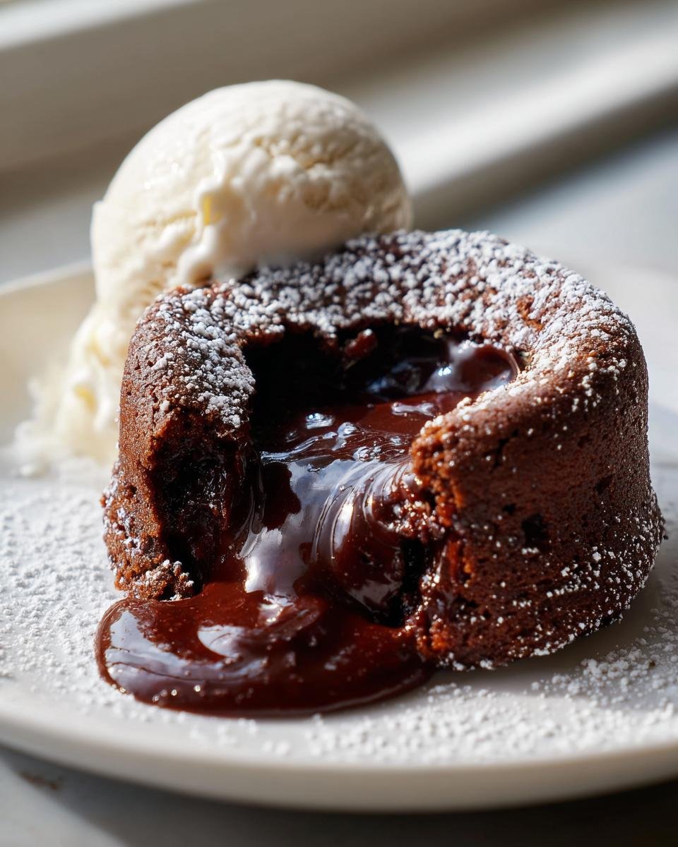 Ein aufgeschnittener Copycat Chilis Molten Lava Cake mit fl&uuml;ssigem Schokoladenkern und einer Kugel Vanilleeis.