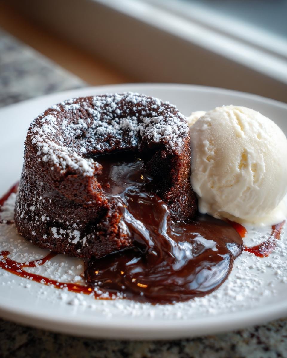 Ein saftiger Copycat Chilis Molten Lava Cake mit geschmolzener Schokolade und einer Kugel Vanilleeis.