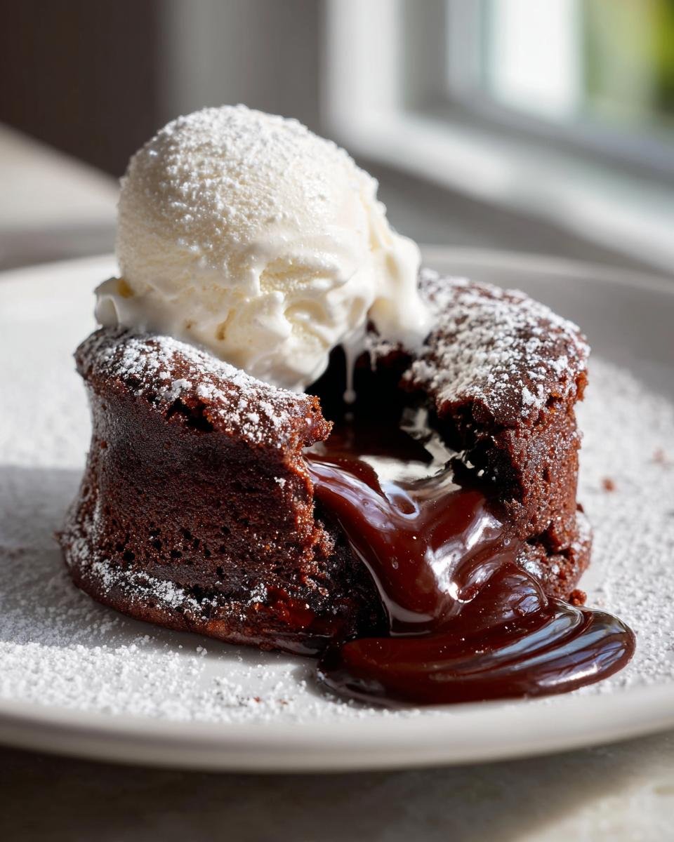 Ein geschmolzener Schokoladenkuchen, Copycat Chilis Molten Lava Cake, mit fl&uuml;ssigem Kern und einer Kugel Vanilleeis.