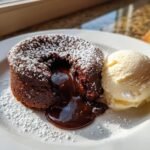 Ein saftiger Schokoladenkuchen mit fl&uuml;ssigem Kern, best&auml;ubt mit Puderzucker, neben einer Kugel Vanilleeis &ndash; der perfekte Copycat Chilis Molten Lava Cake.