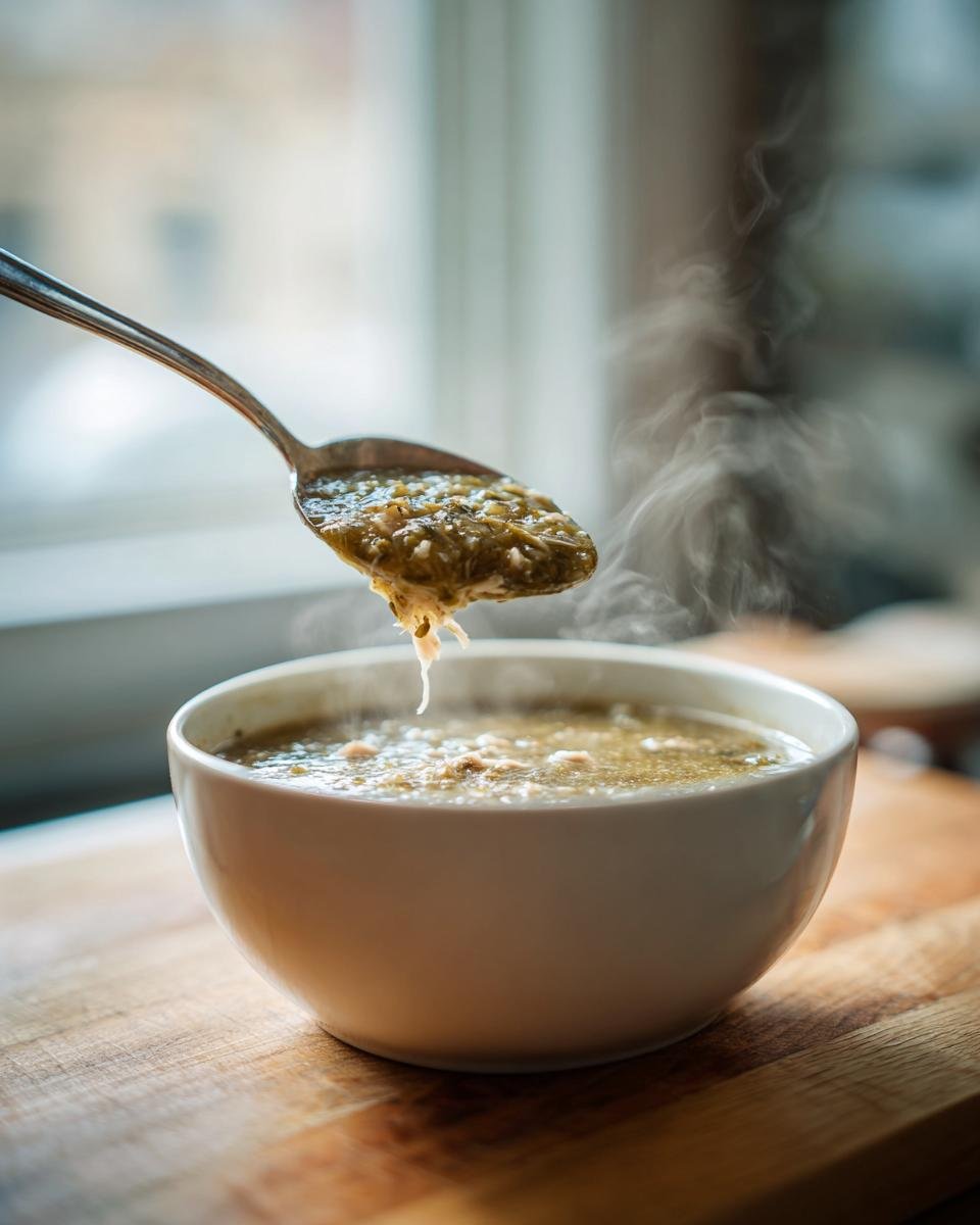 Ein L&ouml;ffel dampfender Cozy Creamy Slow Cooker Green Chile Soup wird &uuml;ber einer wei&szlig;en Sch&uuml;ssel angehoben.