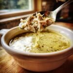 L&ouml;ffel mit gezupftem H&auml;hnchen aus der Cozy Creamy Slow Cooker Green Chile Soup, die cremig zur&uuml;ck in die Sch&uuml;ssel tropft.