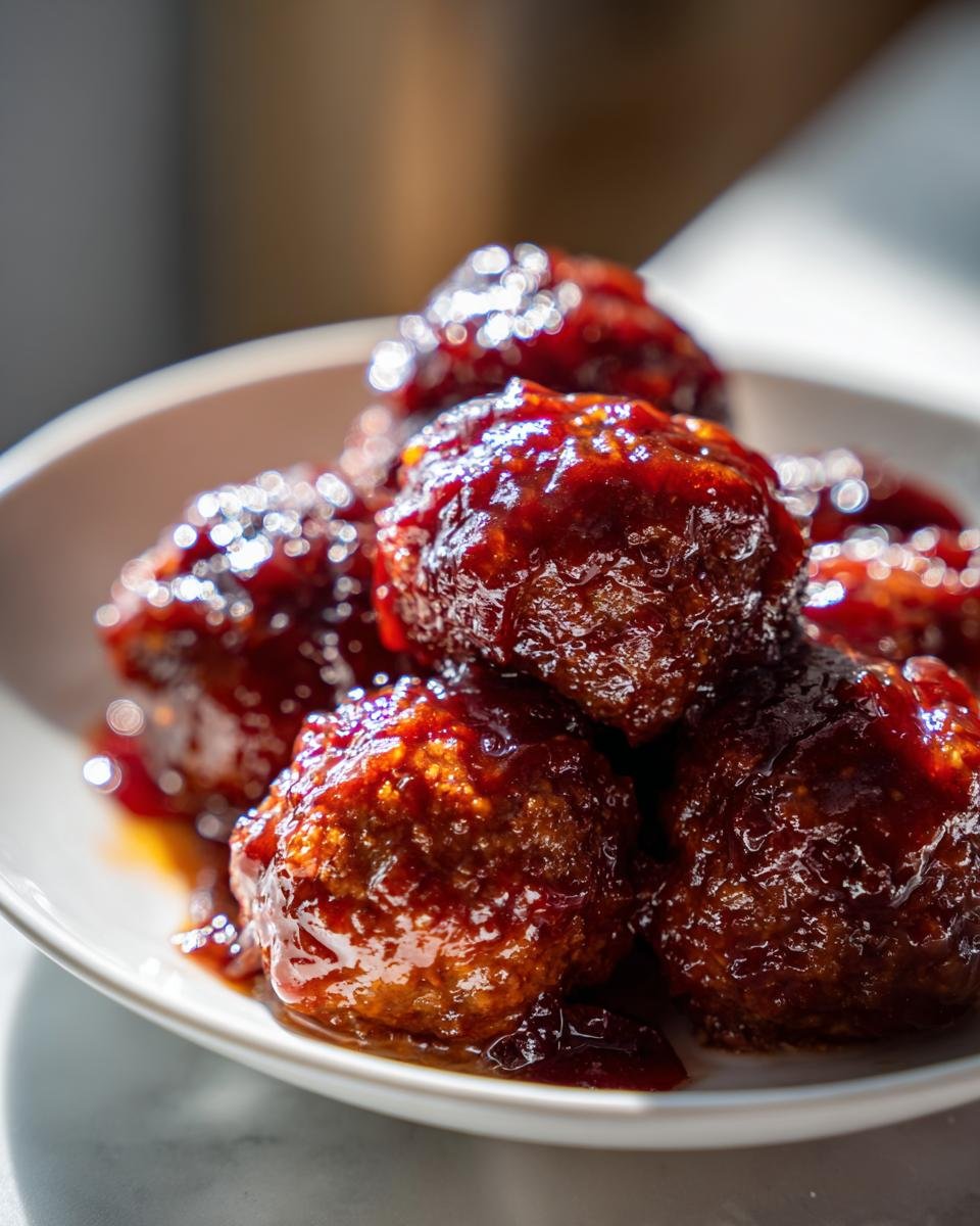 Nahaufnahme von saftigen Cranberry Meatballs, bedeckt mit einer gl&auml;nzenden, dunklen Cranberry-Sauce, in einer wei&szlig;en Schale.