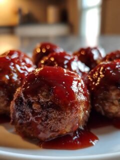 Nahaufnahme von saftigen Cranberry Meatballs, &uuml;bergossen mit einer gl&auml;nzenden, roten Cranberry-Sauce auf einem wei&szlig;en Teller.