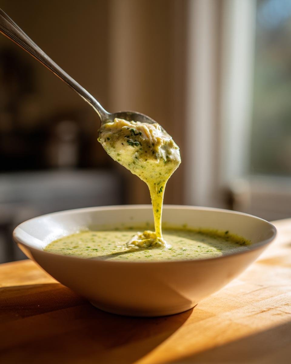 Ein L&ouml;ffel mit der cremigen Cozy Creamy Slow Cooker Green Chile Suppe tropft zur&uuml;ck in eine wei&szlig;e Sch&uuml;ssel.