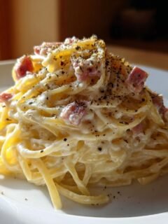 Nahaufnahme von cremiger Fettuccine Carbonara, reichlich mit schwarzem Pfeffer bestreut und Speckst&uuml;cken.