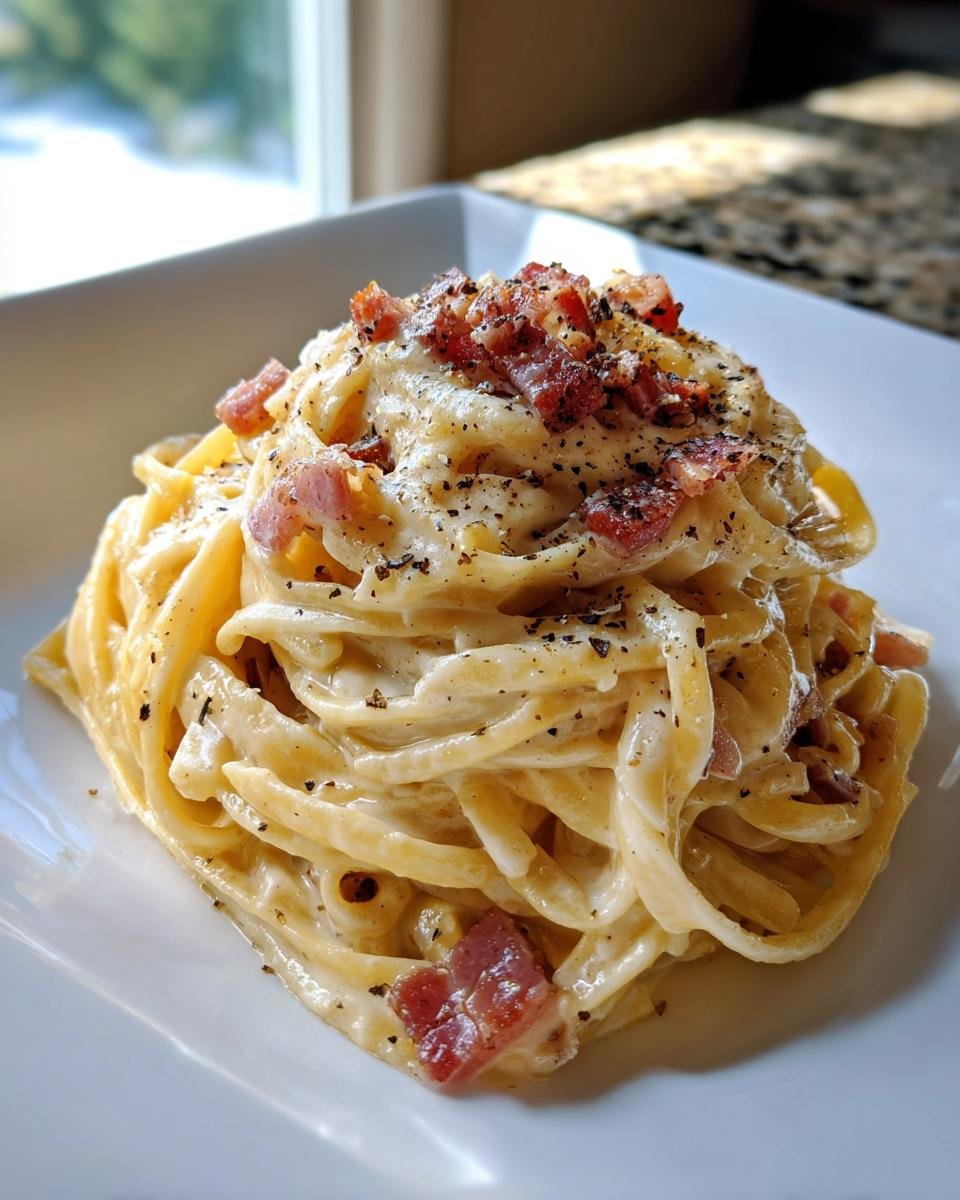 Nahaufnahme von cremiger Fettuccine Carbonara, garniert mit knusprigem Speck und viel schwarzem Pfeffer.