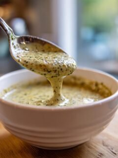 L&ouml;ffel mit dicker, cremiger Cozy Creamy Slow Cooker Green Chile Soup, die in eine wei&szlig;e Sch&uuml;ssel tropft.