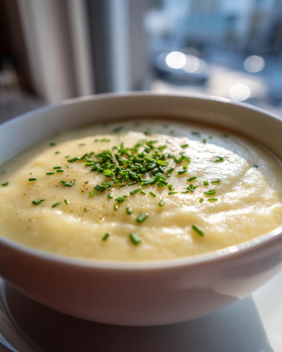 Nahaufnahme einer cremigen, hellgelben Potato Soup, garniert mit frischem Schnittlauch und Pfeffer.