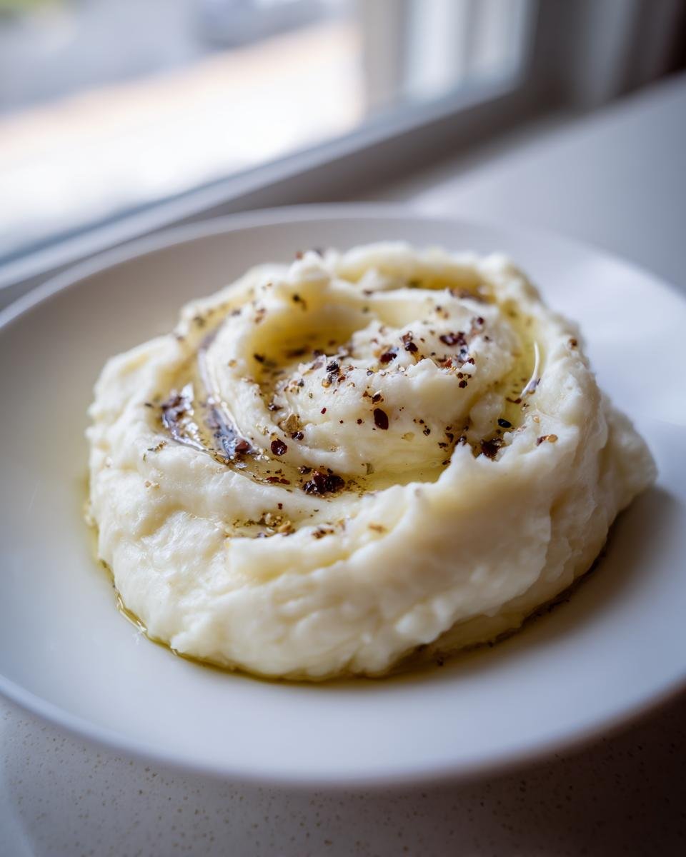 Nahaufnahme von cremigen Truffle Mashed Potatoes, garniert mit &Ouml;l und Pfeffer in einer wei&szlig;en Schale.