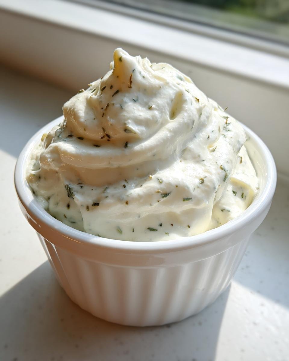 Eine kleine wei&szlig;e Schale gef&uuml;llt mit cremiger Wingstop Ranch Recipe So&szlig;e, garniert mit Kr&auml;utern.