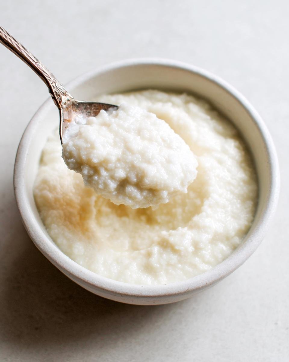 Nahaufnahme von cremigem Healthy Dairy Free Rice Pudding Recipe, das mit einem L&ouml;ffel herausgehoben wird.