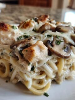 Ein cremiges St&uuml;ck Chicken Tetrazzini mit Nudeln, H&auml;hnchenst&uuml;cken und Pilzen auf einem wei&szlig;en Teller.