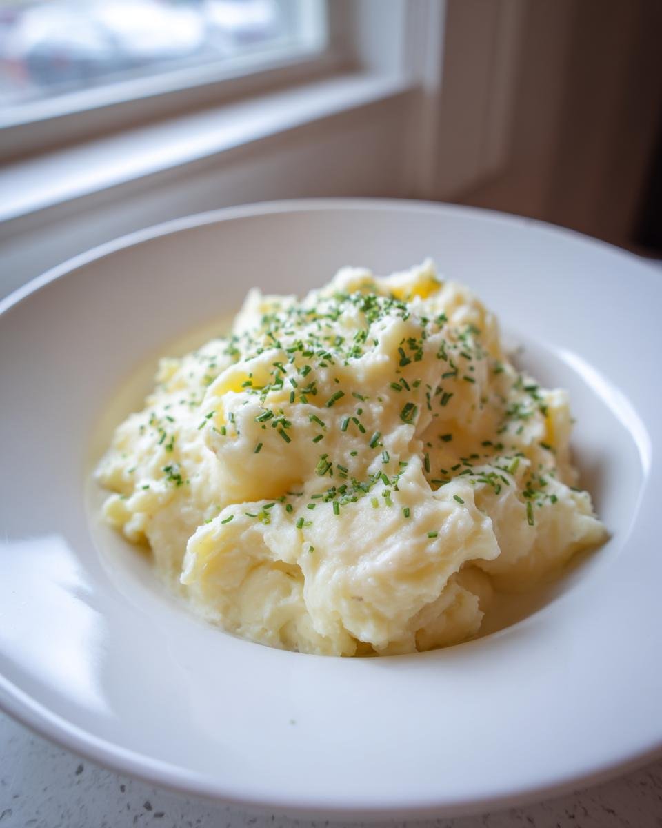 Nahaufnahme von cremigem Kartoffelpüree, garniert mit frischem Schnittlauch, als Teil des Potato Soup Rezepts.