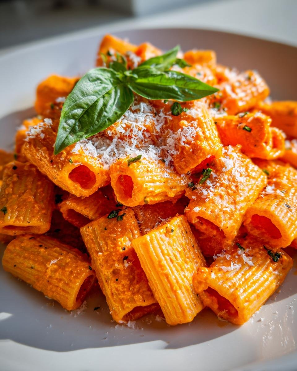 Nahaufnahme von cremigem Rigatoni Alla Vodka, garniert mit geriebenem Parmesan und frischen Basilikumbl&auml;ttern.