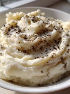 Nahaufnahme von cremigem Kartoffelp&uuml;ree, bestreut mit dunklen Tr&uuml;ffelst&uuml;ckchen &ndash; perfekte Tr&uuml;ffel-Kartoffelp&uuml;ree.